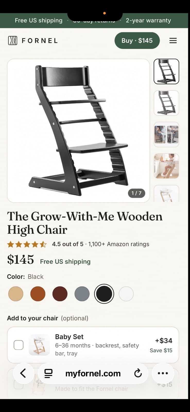 Fornel Grow-With-Me Wooden High Chair - Black